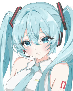 Rule 34 | 1girl, aqua eyes, aqua hair, aqua necktie, badiao, bare shoulders, blue eyes, blue hair, blush, commentary, hair between eyes, hair ornament, hatsune miku, headphones, headset, highres, long hair, looking at viewer, necktie, number tattoo, shirt, sleeveless, sleeveless shirt, smile, solo, tattoo, twintails, very long hair, vocaloid, white background