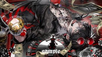 1boy absurdres alcohol arm_tattoo banknote black_eyes black_hair black_pants black_shirt black_wings casino chest_tattoo chromatic_aberration commission cup demon_boy demon_tail demon_wings drinking_glass ear_piercing earrings eyewear_on_head fangs glint gloves hair_between_eyes highres holding holding_cup jewelry looking_at_viewer lying male_focus mau_sakura money multiple_rings necklace on_back open_clothes open_mouth open_shirt original pants pectoral_cleavage pectorals piercing poker_chip red-tinted_eyewear red_gloves ring roulette_table sample_watermark shirt short_hair solo sunglasses table tail tattoo tinted_eyewear toned toned_male tongue tongue_out tongue_piercing watermark wine_glass wings