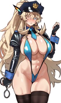 1girl abs absurdres bad_link barghest_(fate) black_gloves black_thighhighs blonde_hair blue_eyes blue_slingshot_swimsuit blush breasts cleavage cuffs ebora fate/grand_order fate_(series) fingerless_gloves gloves hand_up handcuffs hat heterochromia highres huge_breasts long_hair looking_at_viewer melusine_(fate) microphone navel orange_eyes police_hat ponytail shrug_(clothing) slingshot_swimsuit solo swimsuit thighhighs toned toned_female unconventional_police_uniform white_background