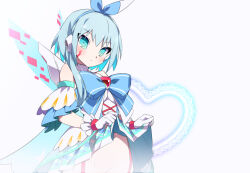 Rule 34 | 1girl, blue eyes, blue hair, blue ribbon, blue sleeves, chest jewel, clothes lift, commentary request, cowboy shot, cross-laced clothes, detached sleeves, detached wings, dress, dress lift, energy wings, facial mark, hair ribbon, headphones, heart, ico (megaman x dive), kaidou zx, looking at viewer, mechanical wings, mega man (series), mega man x (series), mega man x dive, navel, open mouth, paid reward available, ribbon, ribbon between breasts, robot girl, short hair, sleeveless, sleeveless dress, smile, solo, white background, white dress, white sleeves, wings
