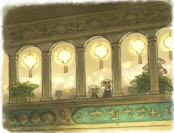 2girls animal_print arcade_(architecture) black_shirt ceiling_light commentary_request fish_print hair_between_eyes highres koki08186863 long_hair long_sleeves multiple_girls open_mouth original pillar plant potted_plant shirt smile white_hair wide_shot