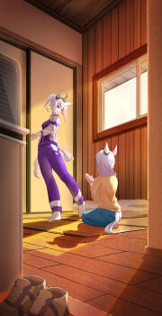 2girls absurdres ahoge animal_ears blue_eyes blue_pants blush commentary_request ear_ornament ginmusou373 grey_hair grey_tail hair_between_eyes hair_over_shoulder highres horse_ears horse_girl horse_tail jacket kasamatsu_tracen_training_uniform long_hair long_sleeves multicolored_hair multicolored_jacket multiple_girls oguri_cap's_mother_(umamusume) oguri_cap_(umamusume) open_mouth pants ponytail purple_jacket purple_pants purple_track_suit seiza sitting sweater tail track_jacket track_pants track_suit umamusume umamusume:_cinderella_gray yellow_sweater