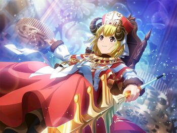 1girl blonde_hair brown_eyes closed_mouth dress fake_horns game_cg gears goat_horns hat holding horns long_sleeves mitre official_art otori_michiru outstretched_arm short_hair shoujo_kageki_revue_starlight shoujo_kageki_revue_starlight_-re_live- sitting sitting_on_throne solo tarot the_hierophant_(tarot) upper_body white_dress