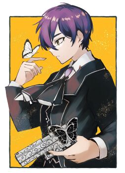 Rule 34 | 1boy, ascot, black ascot, black butterfly, black jacket, black vest, border, brooch, bug, butterfly, closed mouth, collared shirt, e.g.o (project moon), gun, highres, holding, holding gun, holding weapon, insect, jacket, jewelry, library of ruina, long sleeves, looking at animal, male focus, nakame77, project moon, purple hair, shirt, short hair, simple background, solemn lament (e.g.o), solo, upper body, vest, weapon, white border, white butterfly, white shirt, yellow background, yellow eyes, yesod (project moon)