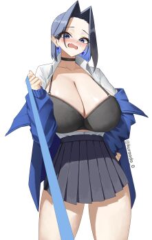 1girl absurdres alternate_costume black_bra black_choker black_skirt blue_eyes blue_hair blush bow bow_earrings bra breasts buttons choker cleavage collared_shirt colored_inner_hair commentary cowboy_shot curtained_hair earrings fang forehead hair_intakes hand_on_own_hip highres holding hololive hololive_english huge_breasts jacket jewelry kuraodo_0 large_breasts leash leash_pull long_sleeves looking_at_viewer miniskirt multicolored_hair open_clothes open_jacket open_mouth open_shirt ouro_kronii paid_reward_available partially_unbuttoned pleated_skirt pov school_uniform shirt shirt_tucked_in short_hair simple_background skin_fang skirt solo thighs twitter_username unbuttoned unbuttoned_shirt underwear viewer_on_leash virtual_youtuber wavy_mouth white_background white_shirt