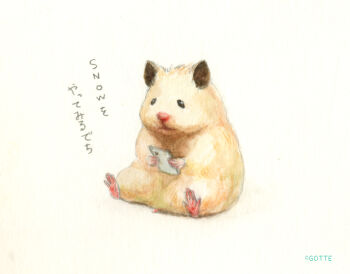 animal animal_focus artist_name cellphone commentary_request gotte hamster highres holding holding_phone no_humans original painting_(medium) phone simple_background sitting smartphone traditional_media translation_request watercolor_(medium) white_background