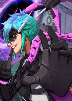1girl alter_(apex_legends) animification apex_legends black_gloves black_sclera bodysuit colored_sclera fang finger_to_mouth from_side gloves green_eyes green_hair grey_bodysuit looking_at_viewer mechanical_tail norainu_(1810truth) parted_lips portal_(object) rain red_lips shushing solo tail