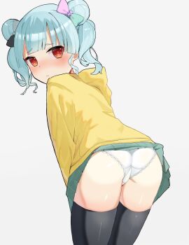 1girl aqua_hair ass black_thighhighs blush bow closed_mouth clothes_lift cowboy_shot crotch_seam double_bun from_behind green_skirt hair_bow hair_bun highres hood hood_down hoodie hyodou_shizuku idoly_pride leaning_forward loli long_sleeves looking_back miniskirt nose_blush panties pleated_skirt red_eyes short_eyebrows short_hair simple_background skirt skirt_lift solo standing tesa_otaku thighhighs trefoil turning_head two-tone_bow underwear white_background white_panties yellow_hoodie
