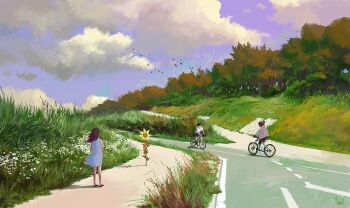 1girl 2boys bicycle blue_sky cloud cloudy_sky dress flower forest grass hill multiple_boys nature original path riding riding_bicycle road sky sleeveless sleeveless_dress slow_d sundress sunflower tall_grass tree white_flower