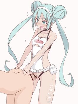 1boy 1girl :d anal aqua_eyes aqua_hair bare_shoulders blush body_writing breasts censored clothed_female_nude_male clothing_aside collarbone doggystyle double_bun femdom futa_with_male futanari gemuaka719 hair_bun hand_on_another's_ass hatsune_miku hetero long_hair male_penetrated nude open_mouth penis racing_miku sex sex_from_behind simple_background smile swimsuit swimsuit_aside tan twintails veins veiny_penis very_long_hair vocaloid white_background
