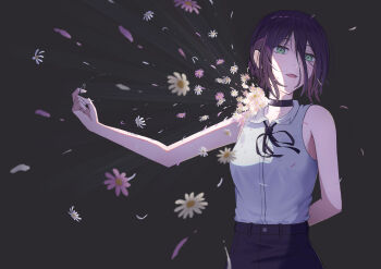 1girl absurdres black_choker black_ribbon black_shorts chainsaw_man choker collared_shirt flower green_eyes grenade_pin grey_background hair_between_eyes highres neck_ribbon open_mouth purple_hair reze_(chainsaw_man) ribbon shirt shirt_tucked_in shorts sleeveless sleeveless_shirt solo white_flower white_shirt xvvstring