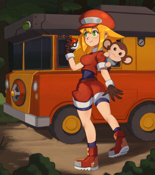 1girl barleyshake blonde_hair blush boots breasts brown_gloves newsboy_cap full_body gloves green_eyes hat medium_breasts medium_hair mega_man_(series) mega_man_legends_(series) monkey poke_ball poke_ball_(basic) red_boots red_hat red_shirt red_shorts roll_caskett_(mega_man) shadow shirt short_sleeves shorts smile solo standing