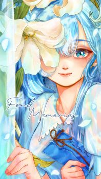 1girl absurdres antenna_hair artist_name blue_eyes blue_hair breasts collared_shirt earrings envelope falling_petals flower flower_request high_ponytail highres holding holding_envelope hololive hololive_indonesia jewelry kobo_kanaeru lips long_hair looking_at_viewer multicolored_hair one_eye_covered petals ponytail puffy_short_sleeves puffy_sleeves shirt short_sleeves sidelocks signature small_breasts smile solo split_ponytail stud_earrings two-tone_hair virtual_youtuber white_hair zoru_pines