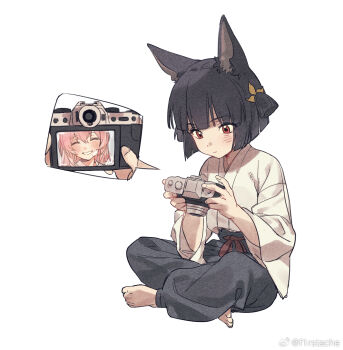 2girls alternate_costume animal_ears artist_name bad_link black_hair blush camera closed_mouth f1rstache fingernails fox_ears fox_girl full_body holding holding_camera hoshimi_miyabi japanese_clothes light_smile long_hair multiple_girls red_eyes short_hair simple_background sitting tsukishiro_yanagi white_background yuri zenless_zone_zero