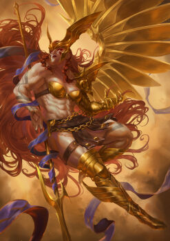 1girl abs absurdres angela_(marvel) caio_santos commentary english_commentary gauntlets gold_gauntlets gold_greaves highres looking_to_the_side looking_up marvel marvel_rivals mechanical_wings metal_bra midair muscular muscular_female pelvic_curtain polearm shawl single_gauntlet single_wing solo spear thor_(marvel)_(series) weapon winged_headwear wings