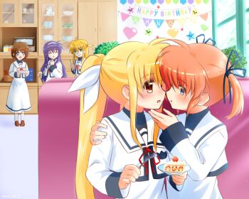 Rule 34 | 5girls, angry, arisa bunnings, birthday, birthday cake, birthday party, black ribbon, blonde hair, blue eyes, blush, brown hair, cake, couple, embarrassed, eye contact, fate testarossa, food, hair ribbon, happy, imminent kiss, kerorokjy, long hair, looking at another, lyrical nanoha, mahou shoujo lyrical nanoha, mahou shoujo lyrical nanoha a's, medium hair, multiple girls, orange hair, purple hair, red eyes, ribbon, school uniform, short twintails, smile, takamachi nanoha, tsukimura suzuka, twintails, white ribbon, yagami hayate, yuri