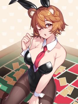 1girl ;o animal_ear_hairband animal_ears bare_shoulders black_hairband black_leotard blackjack_table breasts brown_eyes brown_hair brown_pantyhose card commentary commission detached_collar english_commentary eyelashes fake_animal_ears gendo0032 hair_between_eyes hairband highres leotard looking_at_viewer necktie one_eye_closed open_mouth original pantyhose playboy_bunny playing_card rabbit_ear_hairband rabbit_ears red_necktie short_hair sitting sitting_on_table solo strapless strapless_leotard table wrist_cuffs