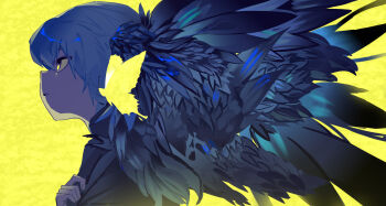 1girl ahiruuyew angela_(project_moon) black_coat black_feathers black_wings blue_hair bug butterfly coat commentary_request crossed_arms feathered_wings feathers highres insect library_of_ruina long_sleeves multiple_wings parted_lips project_moon short_hair simple_background solo wings yellow_background yellow_eyes