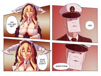 1boy 1girl 4koma areola_slip avengers:_endgame avengers:_infinity_war avengers_(series) azur_lane blonde_hair breasts brown_background cleavage cleavage_cutout closed_eyes clothing_cutout comic commander_(azur_lane) talking crying english_text fake_horns gloves gradient_background happy hat highres horns implacable_(azur_lane) large_breasts marvel marvel meme military_hat nun paper parallelrey red_background red_eyes sad scene_reference simple_background smile speech_bubble standing tears thanos
