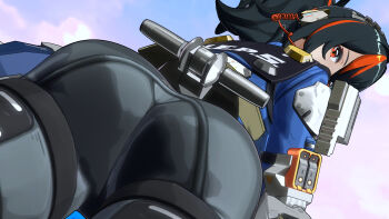 1girl 3d absurdres ass ass_focus black_gloves black_hair black_pants blue_jacket blue_sky blue_trim breasts capelet clothes_writing cloud cloudy_sky commentary cropped_jacket dutch_angle english_commentary from_below gloves hairdressing handlebar high-waist_pants highres holster jacket knee_pads long_hair long_sleeves looking_at_viewer looking_back multicolored_hair outdoors pants police police_uniform policewoman ponytail pov red_eyes red_hair shoulder_holster sky streaked_hair thick_thighs thighs tmskinny two-tone_hair white_background zenless_zone_zero zhu_yuan