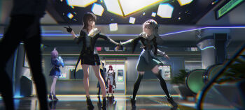 1boy 4girls absurdres black_coat black_gloves black_hair blue_skirt chromatic_aberration coat collared_shirt cropped_jacket dan_heng_(honkai:_star_rail) dress firefly_(honkai:_star_rail) gloves grey_hair hair_between_eyes hair_ornament highres himeko_(honkai:_star_rail) holding_another&#039;s_arm honkai:_star_rail honkai_(series) long_dress long_hair long_sleeves march_7th_(honkai:_star_rail) march_7th_(preservation)_(honkai:_star_rail) multiple_girls neckerchief open_clothes open_coat orange_neckerchief pink_hair pull red_hair shirt short_hair skirt stelle_(honkai:_star_rail) thighhighs trailblazer_(honkai:_star_rail) train yellow_eyes yukkuri_(user_ffuh5727)