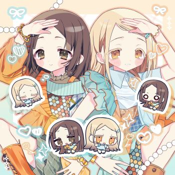 Rule 34 | 2girls, absurdres, blonde hair, blue sweater, blush stickers, boots, bracelet, brown eyes, brown hair, chibi, chibi inset, closed mouth, collared shirt, colored eyelashes, commentary request, feet out of frame, gakuen idolmaster, green skirt, hair ornament, hairclip, hand on own head, highres, idolmaster, jewelry, kuramoto china, laurels, leaf hair ornament, locked arms, long hair, long sleeves, looking at viewer, michinaru hirogaru (idolmaster), multiple girls, open mouth, orange boots, orange eyes, orange shirt, outline, parallel hairclips, parted bangs, pink outline, satou uyu, shinosawa hiro, shirt, short sleeves, skirt, smile, sweater, white outline, white shirt
