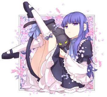 Rule 34 | 1girl, animal, black cat, black shoes, blue hair, candy, cat, commentary request, dress, food, frederica bernkastel, frilled dress, frills, from side, full body, highres, holding, holding animal, hswoimuxk0pwr0h (bbdan), kneehighs, legs up, long hair, looking at viewer, puffy sleeves, purple eyes, shoes, socks, solo, umineko no naku koro ni, white socks