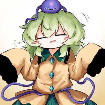 Rule 34 | 1girl, blush stickers, buttons, closed eyes, collared shirt, commentary request, contrast collar, diamond button, eyeball, facing viewer, floral print, frilled shirt collar, frilled sleeves, frills, gradient background, green hair, heripantomorrow, komeiji koishi, long sleeves, missing headwear, open mouth, print skirt, puff of air, rose print, shirt, skirt, sleeves past fingers, sleeves past wrists, smile, solo, third eye, touhou, wide sleeves, yellow background, yellow shirt