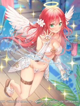 ange_(z/x) armor bikini bikini_armor blush bottle breasts can chair cleavage copyright_notice drink_can feathered_wings flower from_above green_eyes hair_between_eyes hair_flower hair_ornament halo holding holding_bottle large_breasts long_hair navel official_art plastic_bottle ramune red_hair sandals serino_itsuki sparkle splashing standing standing_on_one_leg swimsuit thigh_strap traditional_halo vambraces white_bikini white_flower white_wings wings z/x
