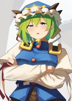 1girl absurdres blue_eyes blue_hat blush breasts commentary_request crossed_arms epaulettes frilled_hat frills grey_background hat highres juliet_sleeves long_sleeves looking_at_viewer open_mouth puffy_sleeves raian_macaroni shiki_eiki short_hair solo touhou upper_body