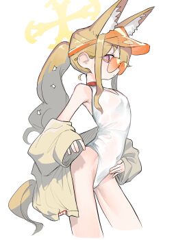 1girl absurdres animal_ears blonde_hair blue_archive breasts cardigan closed_mouth cowboy_shot cropped_legs expressionless fox_ears frogsnake from_side halo highres long_hair looking_at_viewer official_alternate_costume one-piece_swimsuit open_cardigan open_clothes orange-tinted_eyewear pink_eyes ponytail profile seia_(blue_archive) seia_(swimsuit)_(blue_archive) sideways_glance simple_background small_breasts solo sunglasses swimsuit tinted_eyewear visor_cap white_background white_one-piece_swimsuit yellow_cardigan
