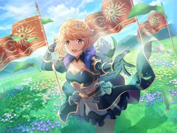 1girl black_dress black_gloves brown_eyes brown_hair dress field flag flower flower_field fur-trimmed_dress fur_trim game_cg gloves headpiece kobato_ryouko looking_at_viewer official_art open_mouth reaching reaching_towards_viewer short_hair shoujo_kageki_revue_starlight shoujo_kageki_revue_starlight_-re_live- solo standing