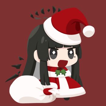 1girl :d animated animated_gif arknights black_eyes black_hair black_halo black_wings capelet coat commentary detached_wings fur-trimmed_capelet fur-trimmed_coat fur-trimmed_headwear fur_trim gribberoni halo hat holly meme mole mole_under_eye open_mouth padoru_(meme) pom_pom_(clothes) red_background red_capelet red_coat red_hat santa_capelet santa_costume santa_hat simple_background smile solo spinning textless_version virtuosa_(arknights) wings