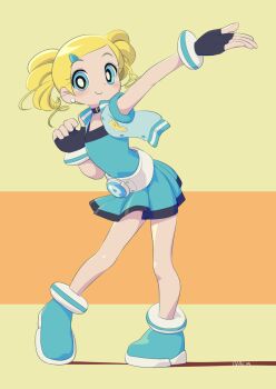 1girl black_gloves blonde_hair blue_eyes bubbles_(ppg) commentary_request drill_hair fingerless_gloves gloves goutokuji_miyako highres looking_at_viewer lv41_(lv41low) miniskirt powerpuff_girls powerpuff_girls_z rolling_bubbles simple_background skirt twin_drills