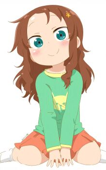 1girl adversarial_noise animal_print blush brown_hair child closed_mouth dated flower green_eyes green_shirt hair_flower hair_ornament highres kobayashi-san_chi_no_maidragon orange_flower rabbit_print red_skirt saikawa_riko samansa_ex shirt sitting skirt smile socks solo tabayan_jigokuhen wariza white_background white_socks