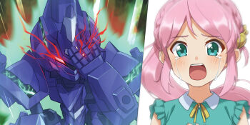 1girl anima_gear aqua_dress aqua_eyes artificial_eye aura braid collared_dress crown_braid dress facepalm glowing glowing_eyes hair_ornament high_ponytail humanoid_robot long_hair mecha mechanical_eye momiji_sakura neck_ribbon official_art open_mouth pink_hair ponytail red_eyes ribbon robot split_screen tears teeth thousand_gladiator tyuga upper_body upper_teeth_only yellow_ribbon