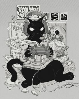 bag_of_chips black_fur can claws commentary film_grain furry headset highres hood hoodie monochrome original pet_food pet_toy playing_games playstation_controller poster_(object) sitting sorochii symbol-only_commentary