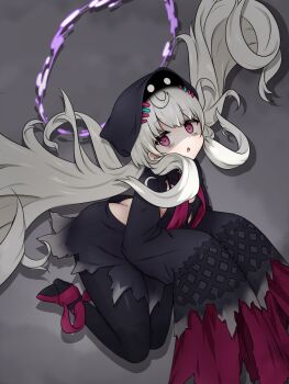 Rule 34 | 1girl, :o, ass, backless dress, backless outfit, bags under eyes, black pantyhose, breasts, butt crack, dot nose, dress, floating, floating hair, full body, grey hair, halo, hat, high heels, highres, long hair, looking at viewer, nijisanji, nijisanji en, pantyhose, red eyes, reimu endou, reimu endou (1st costume), ria aerial, shaded face, sleeves past fingers, sleeves past wrists, small breasts, solo, twintails, very long hair, virtual youtuber