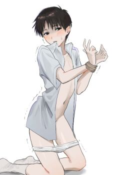 Rule 34 | 1boy, black hair, blush, bound, bound wrists, briefs, embarrassed, ikari shinji, kneeling, male focus, male underwear, male underwear pull, navel, neon genesis evangelion, parted lips, paupauuu u, shirt, short hair, short sleeves, simple background, socks, solo, teeth, underwear, white background, white male underwear, white shirt, white socks