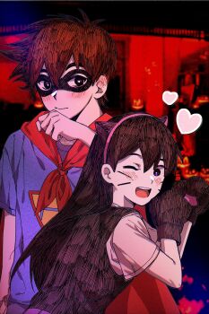 1boy 1girl alternate_costume animal_ear_hairband animal_ears antenna_hair black_eyes black_hair black_mask black_sweater_vest blue_shirt blurry blurry_background blush bright_pupils brown_hair bu3hgg cape cat_ear_hairband cat_ears closed_mouth collared_shirt domino_mask double-parted_bangs eye_mask facial_mark fake_animal_ears hair_between_eyes hairband halloween_costume hero_(faraway)_(omori) hero_(omori) highres long_hair looking_at_viewer mari_(faraway)_(omori) mari_(omori) mask omori one_eye_closed open_mouth photo_background red_cape shirt short_hair short_sleeves smile sweater_vest t-shirt teeth twitter_username upper_teeth_only whisker_markings white_pupils white_shirt