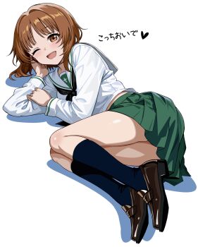 1girl ;d absurdres black_socks brown_eyes brown_hair brown_shoes commentary_request girls_und_panzer green_skirt heart highres loafers long_sleeves lying nishizumi_miho on_side one_eye_closed ooarai_school_uniform open_mouth pleated_skirt sailor_collar school_uniform shirt shoes short_hair simple_background skirt smile socks solo thighs white_background white_sailor_collar white_shirt zaofeng