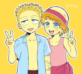 20th_century_fox bart_simpson blonde_hair blue_eyes chawako_(spchawanmushi) child colored_skin dress hat lisa_simpson shirt shorts shota siblings spiked_hair the_simpsons tongue tongue_out v yellow_skin