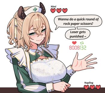 1girl animal_ears blush breasts brown_hair ginotty green_eyes health_bar heart highres indie_virtual_youtuber large_breasts nimi_nightmare rock_paper_scissors side_ponytail simple_background smile solo speech_bubble tapir_ears tapir_girl twitter_strip_game_parody upper_body virtual_youtuber white_background