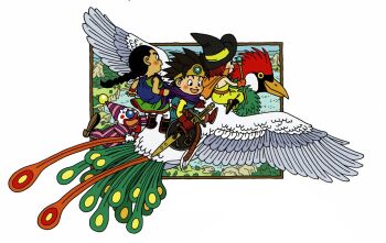 1girl 3boys aqua_tunic artist_request black_eyes black_hair blue_gemstone bow bowtie box_art braid cape check_artist chibi circlet clown clown_nose commentary dougi dragon_quest dragon_quest_iii dress english_commentary flying gadabout_(dq3) gem gloves gold_circlet green_dress hair_pulled_back hat hero_(dq3) highres holding holding_sheath holding_staff holding_sword holding_weapon key_visual looking_ahead looking_down mage_(dq3) mage_staff martial_artist_(dq3) medium_hair multiple_boys official_art open_mouth orange_cape orange_gloves pink_hair profile promotional_art purple_cape ramia_(dq3) red_bow red_bowtie red_gloves red_lips riding roto_(dq3) sheath sheathed shield short_hair single_braid smile spiked_hair staff strapless strapless_dress striped_jumpsuit sword third-party_source toriyama_akira tunic vertical-striped_jumpsuit weapon witch_hat