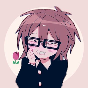 Rule 34 | 1boy, black jacket, blush, brown hair, flower, glasses, grin, hand up, jacket, looking at viewer, male focus, pink background, randal's friends, randal ivory, short hair, smile, solo, starhamu, tulip, upper body