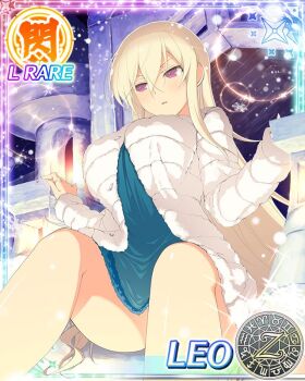Rule 34 | 1girl, aquarius (symbol), aries (symbol), blonde hair, blush, border, breasts, cancer (symbol), capricorn (symbol), card (medium), character name, coat, dodecagram, gemini (symbol), green nightgown, hair between eyes, jewelry, large breasts, lens flare, leo (senran kagura), leo (symbol), libra (symbol), long hair, long sleeves, looking at viewer, night, nightgown, official art, outdoors, parted lips, pisces (symbol), purple eyes, ring, sagittarius (symbol), school emblem, scorpio (symbol), senran kagura, senran kagura new wave, shiny skin, sitting, sky, slide, snowflakes, snowing, solo, sparkle, star (sky), starry sky, taurus (symbol), very long hair, virgo (symbol), white coat, zodiac wheel