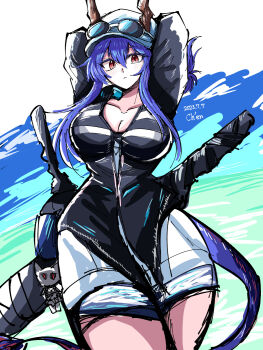 1girl arknights arms_behind_head arms_up blue_hair breasts ch&#039;en_(arknights) ch&#039;en_the_holungday_(arknights) character_name cleavage closed_mouth collarbone cowboy_shot dated dragon_girl dragon_horns dragon_tail expressionless eyewear_on_headwear gnome_(gnome_0000) hair_between_eyes highres horns horns_through_headwear large_breasts long_hair looking_at_viewer official_alternate_costume red_eyes shorts sidelocks solo standing sunglasses tail