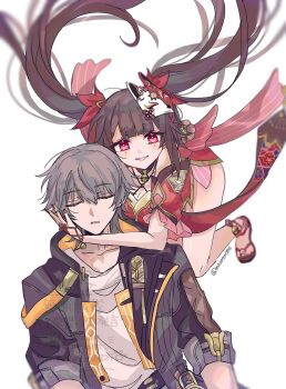 Rule 34 | 1boy, 1girl, arm ribbon, artist name, bare shoulders, bell, black choker, black jacket, blunt bangs, blurry, blush, breasts, brown hair, brown sandals, butterfly-shaped pupils, caelus (honkai: star rail), chain, choker, closed eyes, collarbone, commentary request, detached sleeves, dress, fingernails, floating clothes, floating hair, floral print, flower, flower knot, flying, fox mask, gold chain, grey hair, hair between eyes, hair flower, hair ornament, hand on another's face, hand up, highres, honkai: star rail, honkai (series), hood, hooded jacket, jacket, lapels, long hair, long sleeves, looking at viewer, mask, mask on head, masoten0824, medium breasts, mole, mole under each eye, mole under eye, multiple moles, nail polish, neck bell, open clothes, open jacket, pink eyes, pocket watch, red dress, red flower, red nails, red sleeves, ribbon, sandals, shirt, short hair, short sleeves, sidelocks, simple background, sitting, sleeping, sleeveless, sleeveless dress, smile, sparkle (honkai: star rail), symbol-shaped pupils, t-shirt, teeth, toenail polish, toenails, trailblazer (honkai: star rail), twintails, two-sided fabric, two-sided jacket, upper body, watch, watermark, white background, white shirt, x hair ornament, yellow jacket