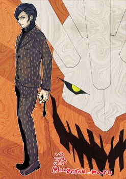 >:( 1boy ahriman_(megami_tensei) artist_name bead_bracelet beads black_hair bracelet brown_suit close-up collared_shirt demon_(megami_tensei) demon_horns evil_smile formal_clothes from_side full_body grey_eyes highres hikawa_(megami_tensei) horns jewelry kagerou_maru looking_at_viewer male_focus orange_background prayer_beads ringed_eyes shin_megami_tensei shin_megami_tensei_iii:_nocturne shirt short_hair signature smile suit v-shaped_eyebrows white_horns yellow_eyes