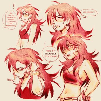 1girl 2024 annoyed bare_arms blush bracelet breasts commission crop_top earrings furrowed_brow gradient_hair hair_between_eyes hair_flaps hair_over_shoulder hand_on_own_hip jewelry long_hair maitroll medium_breasts midriff multicolored_hair multiple_views navel original pants pink_background pink_eyes pink_hair sepia simple_background solo_focus sweat wavy_hair